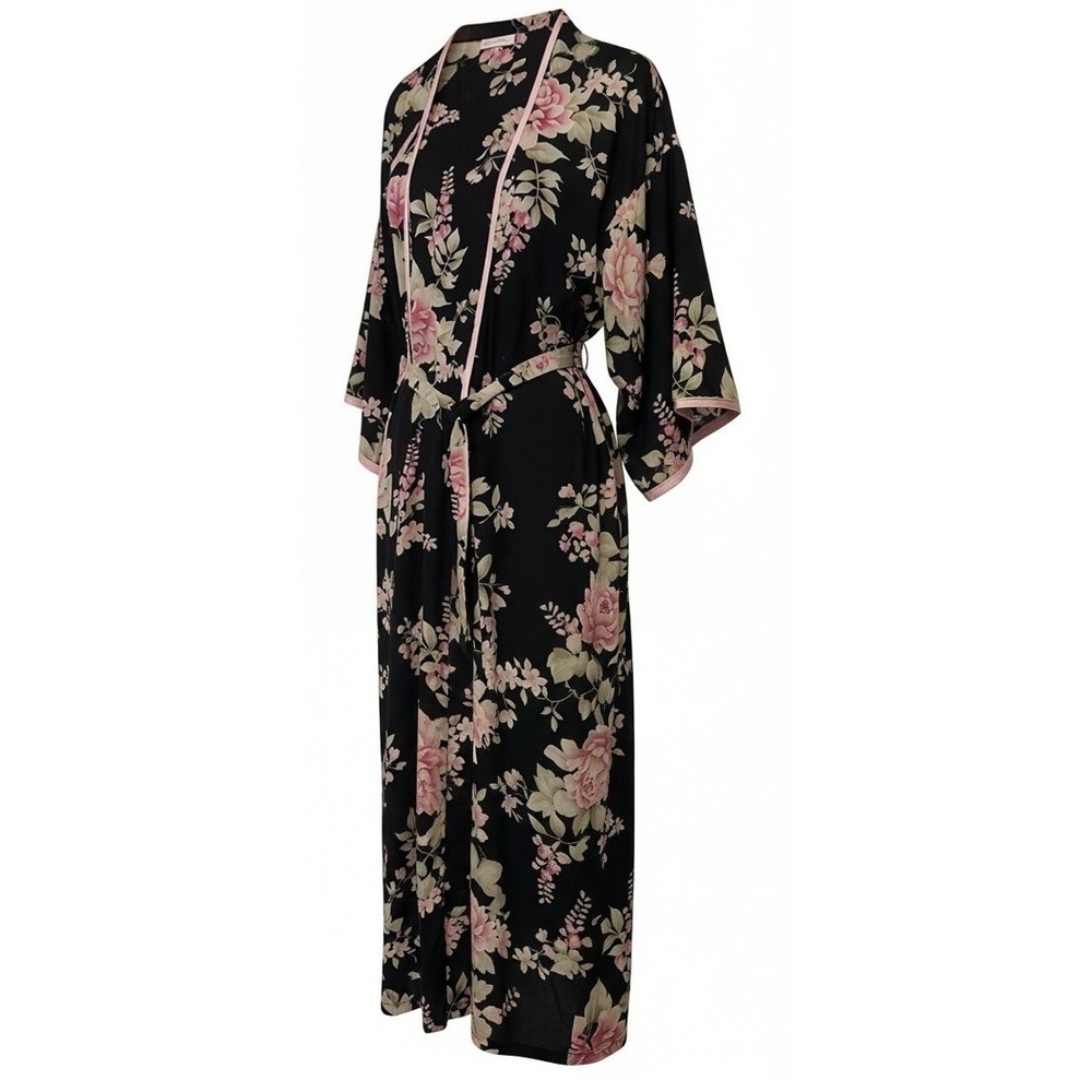 Oscar De La Renta Satin Robe Size XL Dark Floral Rose Lounge Wear Pink Trim